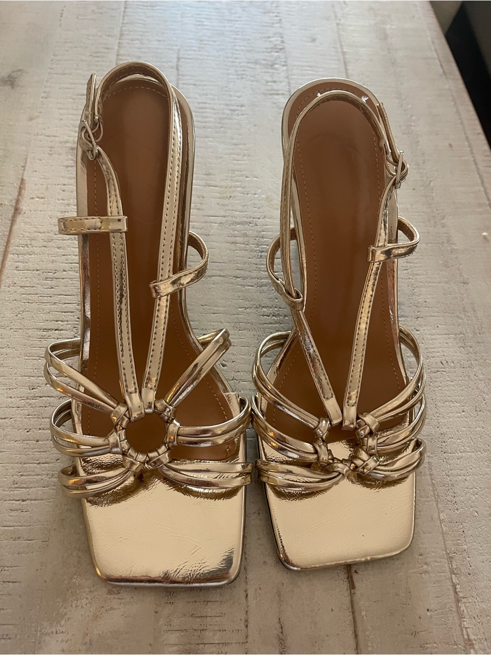 Strappy Metallic Gold T-Bar Heels for Women